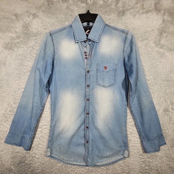 FOUR G Denim Shirt Mens Small Light Wash Button Down Casual Long Sleeve - Picture 1 of 10